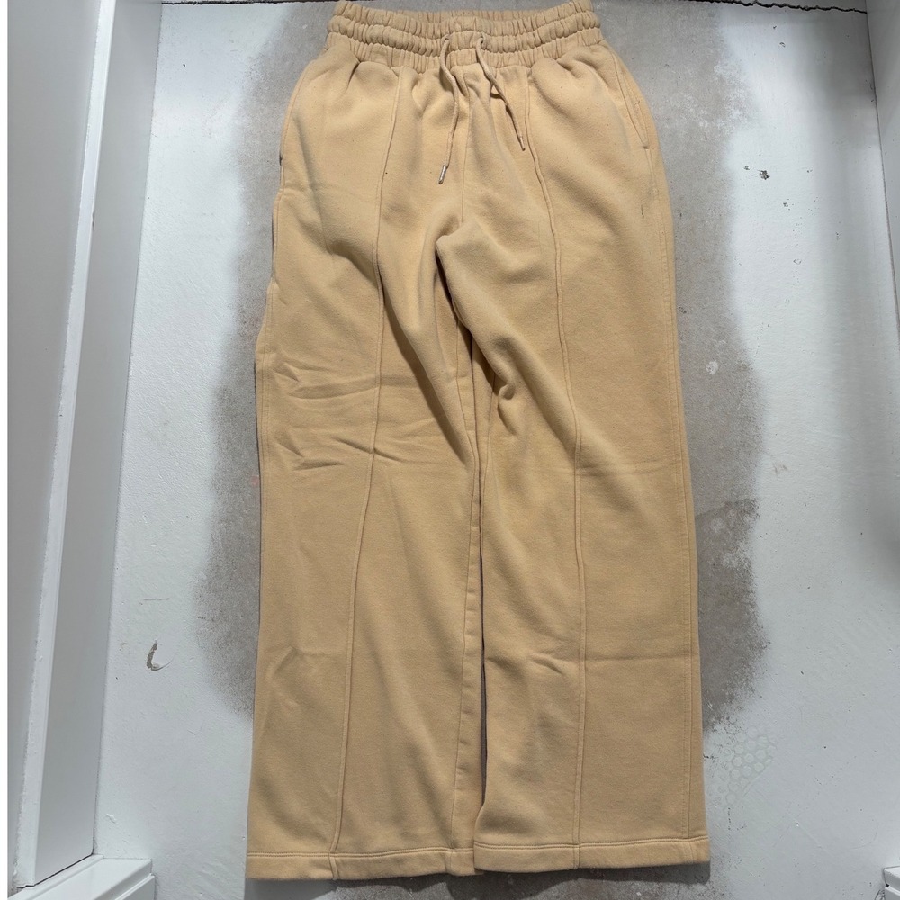 Tan Beige Wide Leg Pintuck Sweatpants Fleece Lined Joggers Large